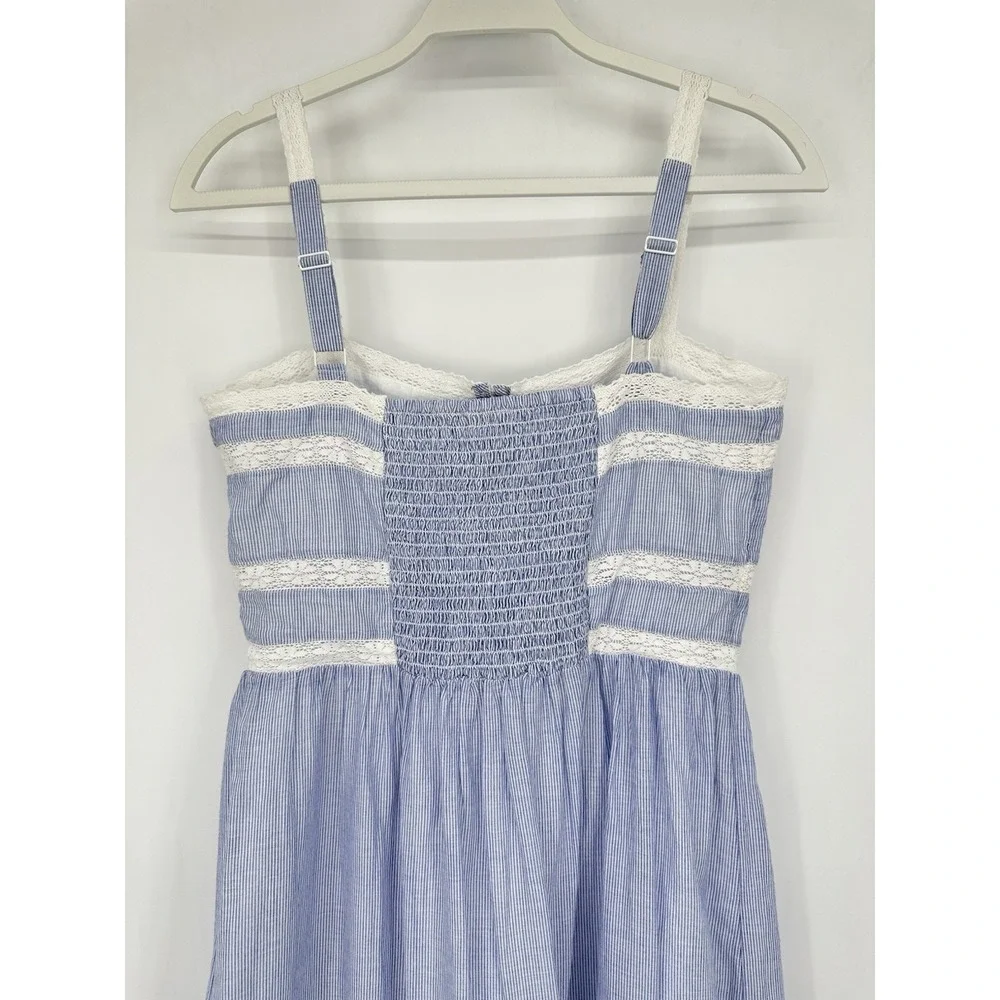 GAP Lace Trim Maxi Dress S Petite Blue Stripe Cotton Button Front Cottagecore - Picture 13 of 16
